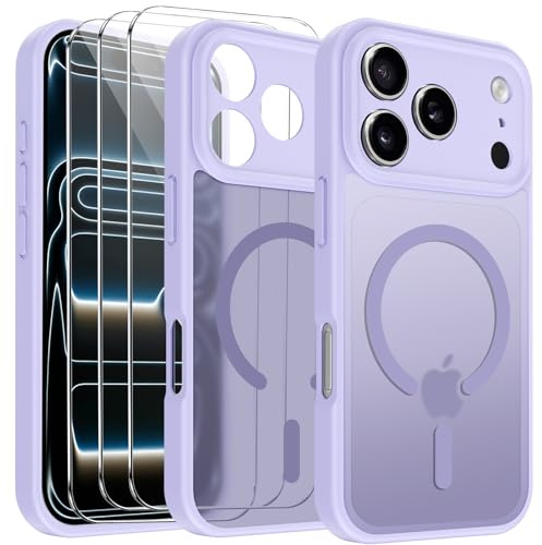 Funda Magnética para iPhone 17 Pro MAX 6,9 Pulgadas, con 3 Piezas Vidrio Templado Protector de Pantalla y Marco de Instalación Fácil, Compatible MagSafe, Carcasa Respaldo Translúcida Mate Claro Morado
