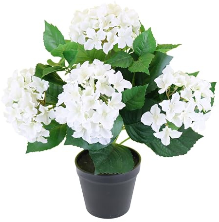 Künstliche Hortensie Weiß im Topf – 40cm – Realistische Kunstpflanze mit Blüten – Deko Blumen für Wohnzimmer, Tischdeko & Büro – Pflegeleichte künstliche Pflanzen