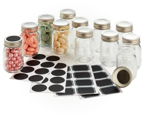 2.5oz Small Mason Jars with Stainless Steel Lids & Chalkboard Labels (12 Pack) Airtight Mini Mason Jars for Party Favors, Spices, Jam, Honey, Candy, Shot Glasses, Wedding, Gifts, Tiny Glass Bottles