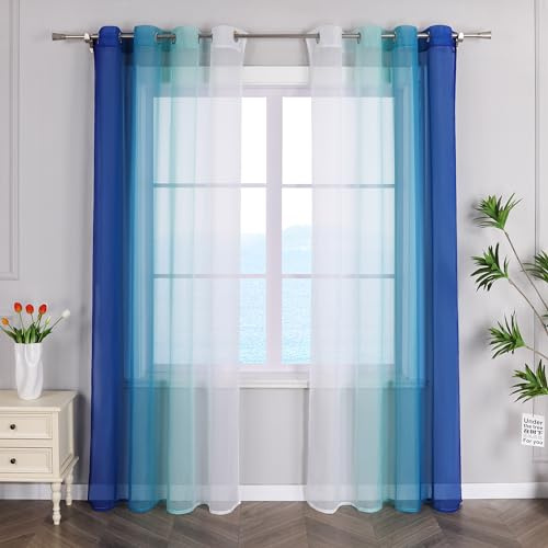 ESLIR Gardinen mit Ösen Vorhänge Gardinenschals Transparent Stores Gardinen Farbverlauf Voile Blau BxH 140x225cm 2 Stück