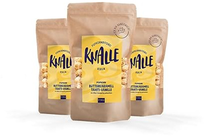 Popkornditorei Knalle GmbH Popkorn mit Butterkaramell Geschmack und Tahiti-Vanille - süß und knusprig - Kino Snacks » Popcorn besser als im Kino « Karamell Süßigkeit 3x 100 g