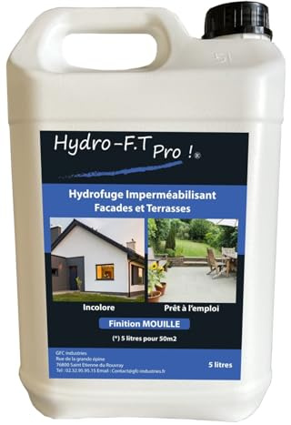 Hydrofuge Façade et Terrasse Finition Mouillé 5L, jusqu'à 50 m², Prêt à l’Emploi, Imperméabilisant Incolore Multi Usage