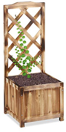 Relaxdays Rankkasten mit Rankgitter, wetterfest, Holz, f. Balkon, Garten, Rosen, 20 L Kübel, 90 cm Rankhilfe, gebrannt, Beige