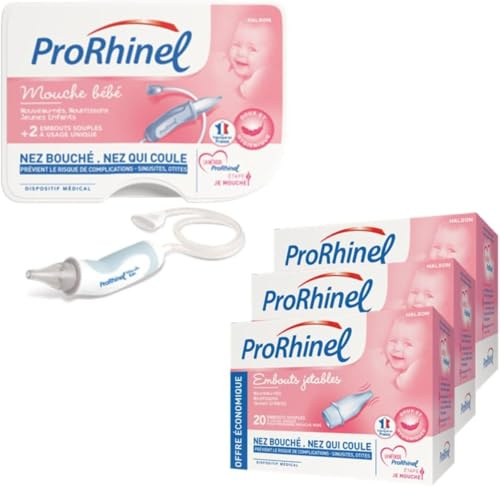 PRORHINEL - Kit Mouche Bébé Manuel + 3 x 20 Embouts Jetables Souples - Lavage Nez Bouché, Nez Qui Coule - Doux & Hygiénique - Facile À Utiliser - Dès La Naissance - Fabriqué En France