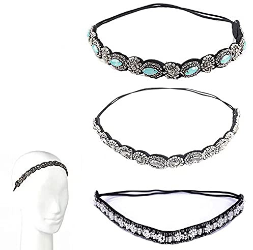 Strass Haarbänder, 3 Stück Kristall Strass Kopfkette, Elastisches Haarband, Vintage Elastisches Haarband, Böhmen Kristall Haarreife, Geeignet für Haarschmuck für Damen und Mädchen