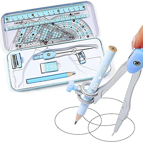 8 Teiliges Set Lineal Set Zeichnen,Mathematik Set,Geometrie Kit,Geometrie Kompass Set,Winkelmesser Set Blau,Kompass, Lineal, Winkelmesser, Geeignet Für Schule, Büro, Zuhause, Schüler, Mathematik