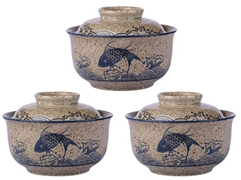 Bol japonais à ramen, bol en céramique avec couvercle, vaisselle couverte marron de 6,5 pouces (ensemble), pour soupe, nouilles, micro-ondes peut chauffer (Color : Brown, Size : 6.5 inch(3 pcs))