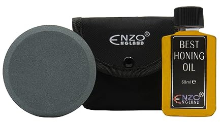 ENZO ENGLAND Axt-Schleifwerkzeug-Set mit bestem Honöl, zweiseitiger Puckstein, ideal für alle Klingen, Schleifsteine und Schärfsysteme (schwarz)