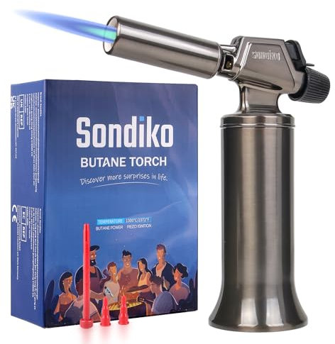 Sondiko Soplete de Butano, Metal de Calidad Prémium, Soplete de Llama Grande, Soplete con Llama Regulable y Resistente al Viento para Cocinar, Bricolaje y Soldadura (Butano no Incluido)