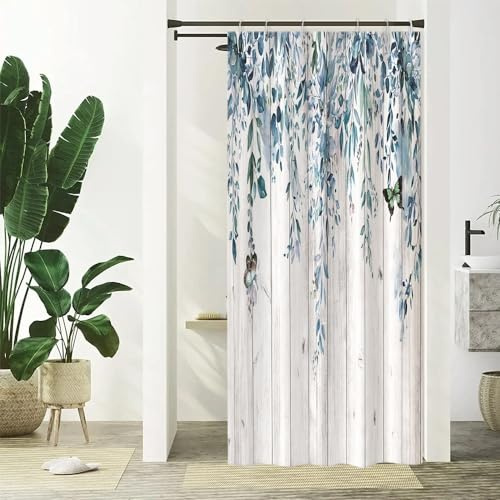 Uiiooazy Tenda Doccia Antimuffa 90x180cm Eucalipto Foglie Blu Verde Fiori | Tenda da Doccia Rustico Tavola di Legno Impermeabile Tessuto in Poliestere Lavabile per Vasca da Bagno con 6 Anelli