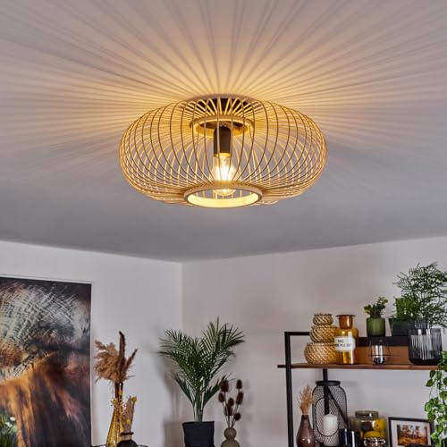 HOFSTEIN Deckenleuchte Oravi, Deckenlampe aus Metall/Holz/Bambus in Schwarz/Natur, Leuchte im Boho/skandinavischen-Design mit tollem Lichteffekt, Ø 40 cm, E27, Wohnzimmer, Esszimmer, Schlafzimmer