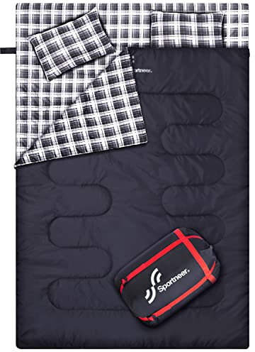 Schlafsack Winter Winterschlafsack Outdoor: Sportneer Schlafsäcke 2 Personen Doppelschlafsack 220x150cm, 2.75kg mit 2 Kissen, Vier Doppel Zippern, Erwachsene Deckenschlafsack für Familie, Schwarz