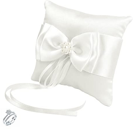 HBYMYDA Ringkissen Hochzeit, Ehering Kissen mit Simulation Perle, Weiß Ring Bearer Kissen mit Schöne Bowknot, Hochzeit Ringkissen für Verlobung Oder Eheringe Vintage, 10 x10 cm
