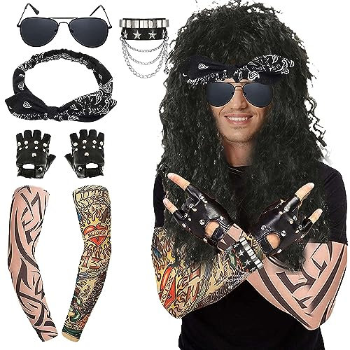 Keruto 6pcs Punk Wig Set,80s Heavy Metal Rock Slash Rock Star Fancy Dress Adults Halloween Set,with Black Pu Gloves,Temporary Tattoo Sleeves,Classic Sunglasses,Bracelet and Bandana