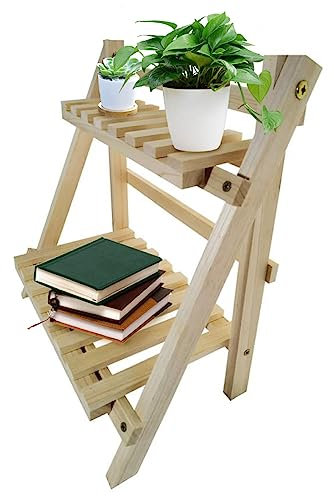Free Standing Tabletop Shelf,2 Tier Wooden Ladder Shelf for Table Shelf Unit 34x18x35cm Foldable Standing Simple Style Trapezoidal Flower Ladder Stand for Garden Living Room Bedroom