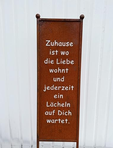 Edelrost Sichtschutz mit Spruch Zuhause 112 cm x 32 cm Paravent zum Stecken Gartenschild Schild Gartenstecker Edelrost Gartendeko Wetterfest Rost Metall Zaun