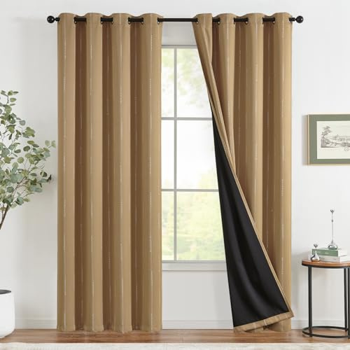 TOPICK Boho Verdunkelungsvorhänge Silber Punkte Folie Bedruckte Vorhänge mit Ösen hintere Verdunkelung Wärmeschutzvorhang Thermovorhang für Kinderzimmer Fenstervorhänge 2er Set 132 * 245 Senfgelb