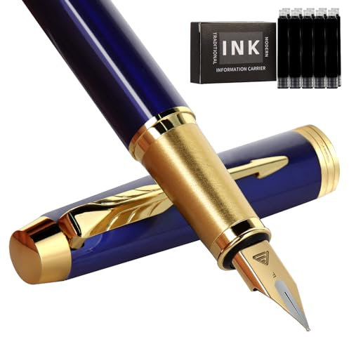Zalantan Fountain Pen, Luxury Fine Point Smooth Writing Pen for Journaling With Gift Case, 10 Black Ink Cartridges and Ink Converter - Metal Writer Gifts (Blue)