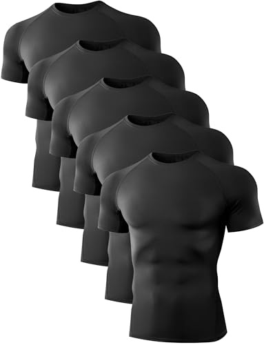 Dalavch 5 Pack Men’s Compression Shirts Short Sleeve Cool Dry Sports Athletic Workout Base Layer Undershirt T-Shirt Tops 5 Black X-Large