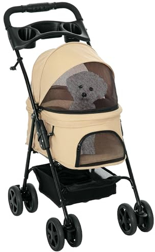 PawHut Hundewagen Klappbar Buggy für Hunde & Katzen bis 4 kg Khaki | Hundebuggy, Katzenbuggy, mit Netzfenster, Aufbewahrungskorb, Becherhalter, Mesh Fenster, Katzenwagen