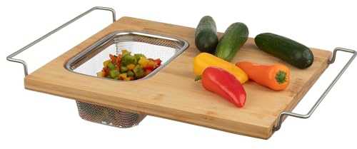 Planche à découper avec passoire – Planche à découper réglable 2 en 1 en bambou avec passoire amovible en acier inoxydable pour au-dessus de l'évier Classic Cuisine