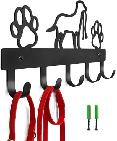 yupeuooe Hundegarderobe mit 5 Haken, Hunde Garderobe Schlüsselhalter Aus Metall, Hundeleinenhalter Wand Mit Hunde Und Pfotenabdrücken, Hundeleinenhalter für Halsband und Hundezubehör, 32x15cm
