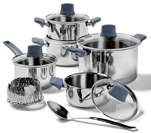T-FAL Essentials Stainless Steel Cookware Set 12 Piece, Induction Compatible, Oven Safe 350F, Cooking Set w/Stewpots, Stockpot, Saucepan, Lids & Tools, Measuring Marks, Dishwasher Safe, Silver/Blue