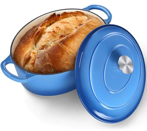 P&P CHEF Oval Dutch Oven with Lid, Enameled Cast Dutch Oven Pot for Bread Baking, Braising, Stewing, Roasting, Non-Stick & Oven Safe, Dual Handles & Easy Clean, 7QT & Blue, Valentine's Day