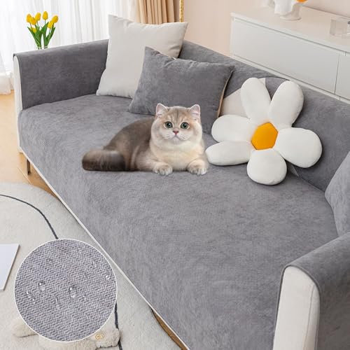 MeYuxg Housse Canape d'angle, Protege Canape Impermeable, Couvre Canapé en Chenille, Protection Canapé 1 2 3 4 Places pour Empêcher Les Chiens et Les Chats de Griffer Les Fleurs (Gris, 70x70cm)