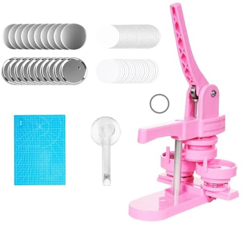 Buttonmaker Knopfmachermaschine, 58 mm Pinmaker,100-teilige Buttonteile, Pin Button Maschine, Stanzset mit Bogengriff, für DIY-Geschenke für Kinder (Rosa)