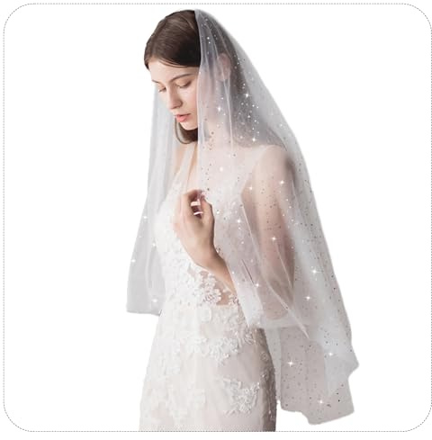 YAEISM Bride Wedding Veil White Glitter Cathedral Sparkly Bachelorette Party Veil Star and Moon Tulle Veils for Brides