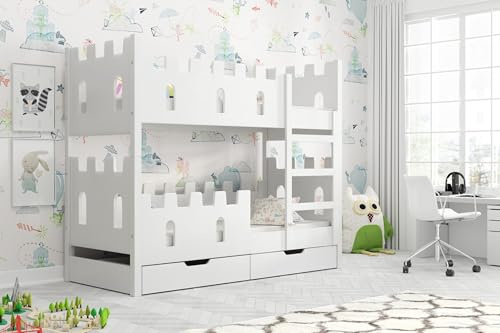 thematys Hochbett Etagenbett Schlossdesign mit Rausfallschutz INKL. 2 Matratzen Kinderbett für Jungen und Mädchen, robust, sicher, Zwei Schubladen, Lattenrost - 80x160 aus Kiefermassivholz