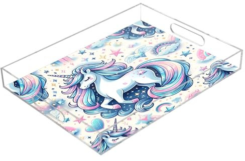 Unicorn Acrylic Serving Trays, Clear Rectangular Tray with Handles Serving Platter for Coffee Table Kitchen Bathroom
