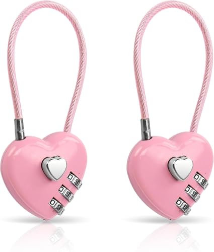 2 lucchetti a combinazione rosa a 3 cifre a forma di cuore per armadietti scolastici e palestre, serrature per bagagli con cavo approvato TSA, serratura per armadietti sportivi, recinzione, bagagli
