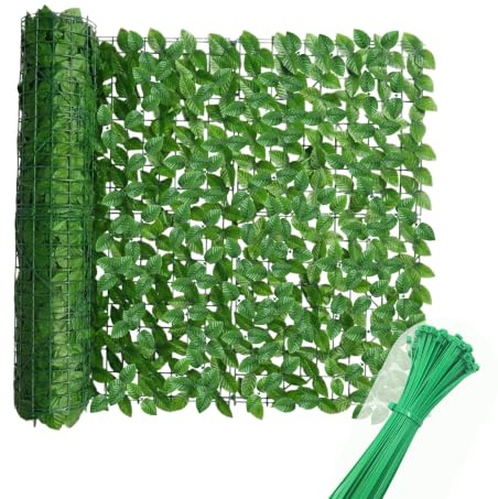 AURACASA siepe artificiale da esterno e interno, siepe finta per recinzione, edera finta artificiale, frangivista balcone e recinzione giardino, 50 fascetti verdi inclusi (FOGLIE DI LAURO, 1x12 Mt)