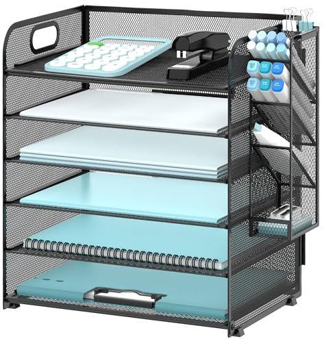 SUPEASY 6-Tier Briefablage mit 4-Stift-Haltern, Mesh Schreibtisch Organizer Brieffach mit Griff, Papier Organizerfür A4 Datei Ordner, Schwarz
