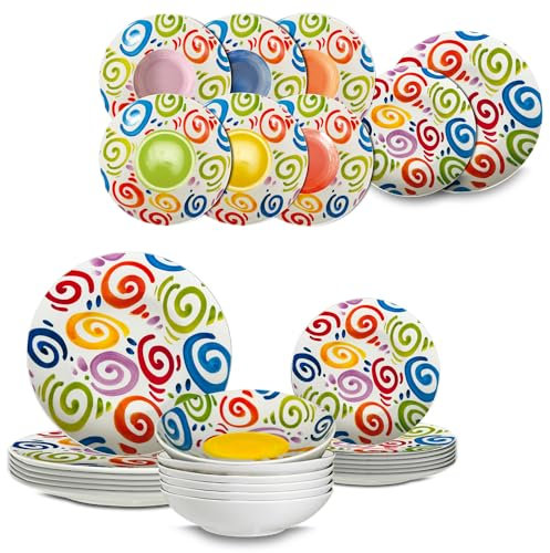 ARCA, Set 18 Piatti Coordinati Brio in Porcellana Decorata, Servizio per 6 Persone, con Piatti Fondi, Piani e da Dessert, Moderni e Colorati, Lavabili in Lavastoviglie