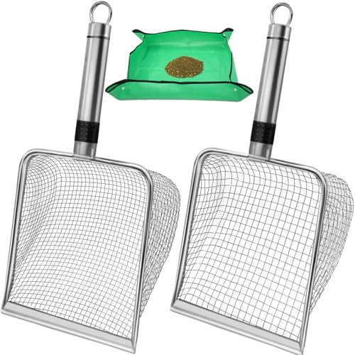 Tamiz de suelo para jardinería, paquete de 2 tamices de abono con alfombrilla de trasplante, tamiz de malla de 3.8/5 mm para tamizar a pequeña escala, pala de jardín para arena y tierra
