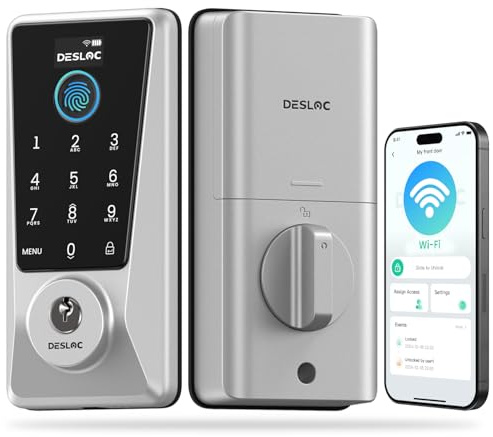 DESLOC WiFi Smart Lock D110 Plus, Built-in Wi-Fi No Hub Needed, Fingerprint Keyless Entry Front Door Lock, Touchscreen Keypad Deadbolt with Backlit, APP Control, Auto Lock, Anti-Peep PIN, BHMA Grade 3