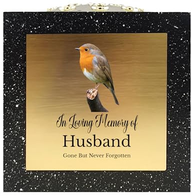 In Loving Memory Of Memorial Rose Bowl Grave Marker Flower Pot Vase With Robin Design Mum Dad Grandad & Lots More Black/Gold (UV PRINTED) (Husband)