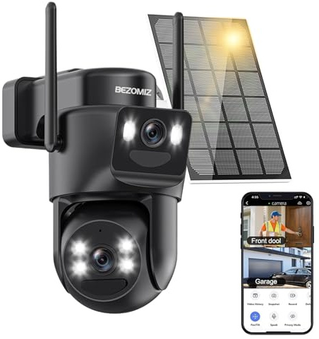 BEZOMIZ 4K Telecamera di sorveglianza WiFi Outdoor Doppio obiettivo 2.4G/5GHz Rilevamento di movimento umano Pannello solare 360° PTZ Visione notturna colori Impermeabile Audio bidirezionale