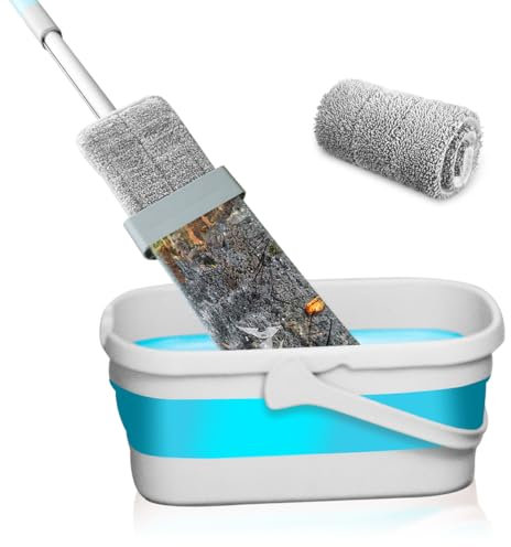Hometimestore Balai serpillère avec Seau Pliable, serpillère avec Fonction essorage, Balai Plat en Microfibre, kit Complet pour Tous Les sols durs