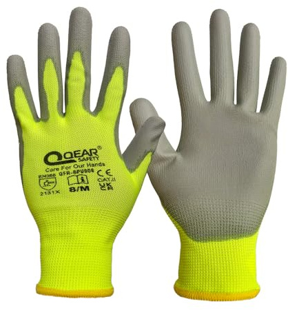 QEARSAFETY Arbeitssicherheitshandschuhe mit hoher Sichtbarkeit, dünn, PU-Handflächenbeschichtung, multifunktional, leicht, empfindlich, atmungsaktiv, griffig, allgemeine Arbeits-Handhabung, Gelb, 12