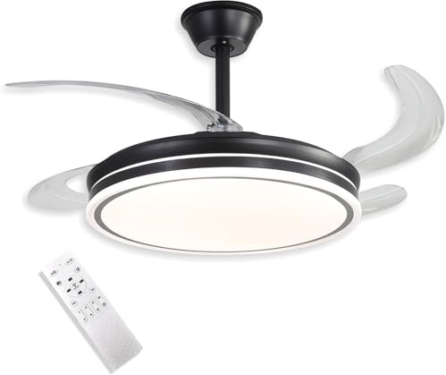 VZLED Ventilador de Techo 42 LED 48W Negro – Motor DC Silencioso, Aspas Transparentes retráctiles, 6 Velocidades, Reversible, Mando a Distancia