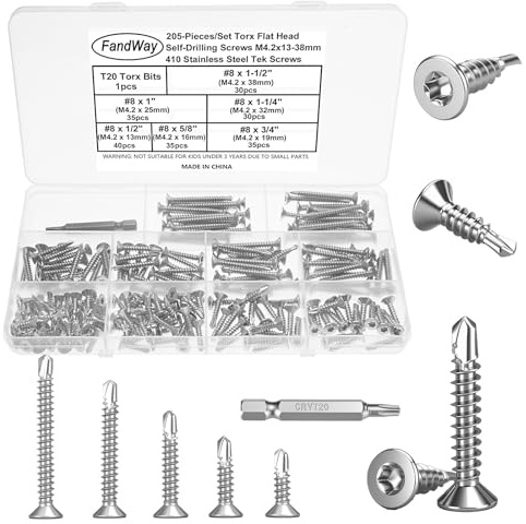 FandWay 205 Stück Torx Bohrschrauben,Senkkopf Selbstbohrende Schrauben,M4,2x13~38mm Flachkopf Selbstbohrschrauben,Edelstahl 410 Blechschrauben Metalldachschrauben Sortiment mit 1 TX20 Bits.