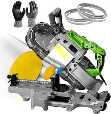 Sega A Nastro Portatile da 1100 W/Sega per Metallo A Taglio A Freddo, Taglio Smussato A 45°, Diametro di Taglio di 4,72 Pollici, con 1 Guanto E 6 Lame, per Rame, Alluminio, Acciaio,Withbase