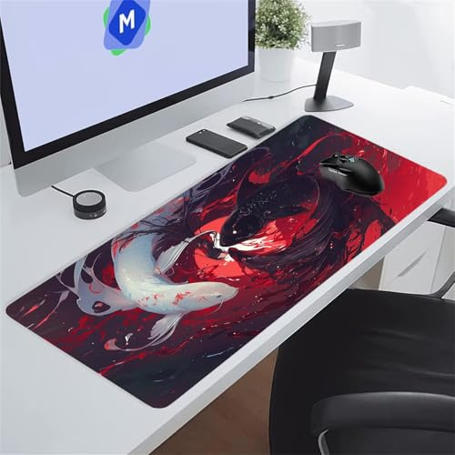 Alfombrilla de Ratón XXL 1500x800x3 mm Alfombrilla Ratón Gaming Alfombrilla Escritorio Grande Teclado Antideslizante Mouse Pad XL Mejora la Precisión y la Velocidad (Koi Blanco Negro)