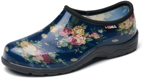HISEA Waterproof Garden Shoe for Women Outdoor Slip-On Garden Clogs Rubber Rain Boots Short Ankle Booties Rain Shoes with Comfort Insole, Size 6 Navy Flower