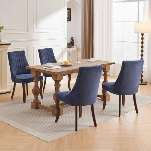 FINTHOMING Esszimmerstühle 4er Set, Essstühle 4er Set mit Geschwungenen Massivholzbeinen, Bequemer Chenille-Stoff Esszimmerstuhl, Belastbarkeit 150kg, Blau