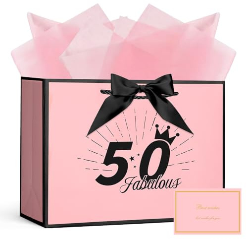 AOOSU Geschenktüte 50 Geburtstag, Papier Geschenktüten mit Schleife + 1 Grußkarten +3 Seidenpapier, Rosa Geschenktaschen Frauen 50th Birthday Gift Bag, Papiertüten mit Henkel für Damen, Mädchen